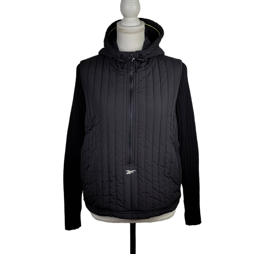 Vintage Reebok Quilted Sweater Jacket Small Black 1/2 Zip Hooded Pullover